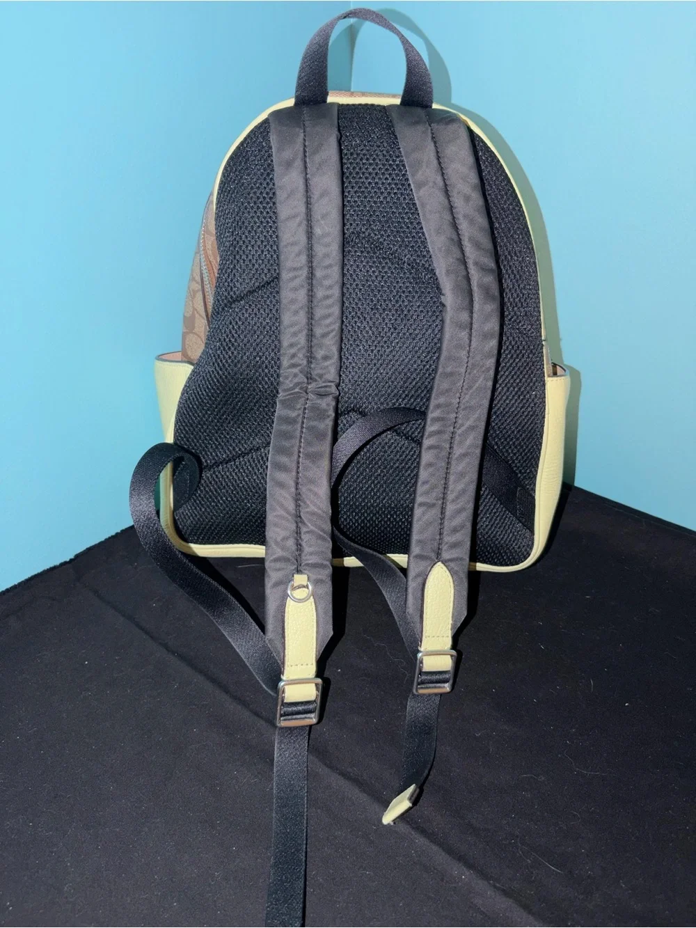 Coach Brown Signature Canvas Backpack with Yellow Leather Trim